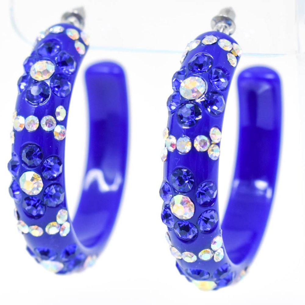 2" Flower Pattern Royal Lucite Rhinestone Earrings